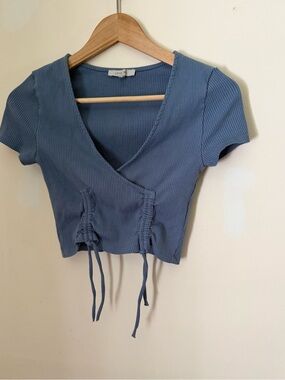 Love Tree Dusty Blue Ribbed Wrap Crop Top
